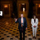 Senate Minority Leader Chuck Schumer and House Speaker Nancy Pelosi at a news conference. Their caucuses finally seem to get something important.